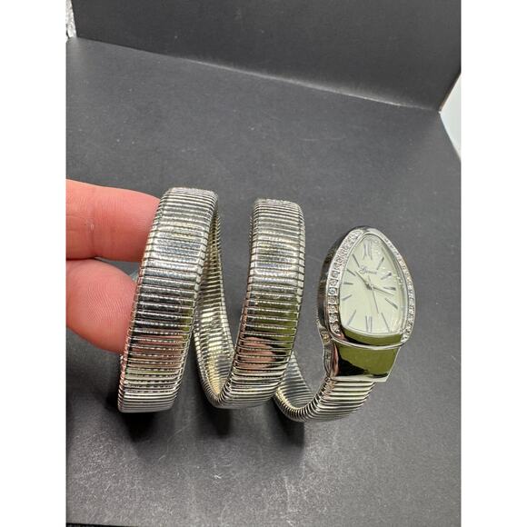 Vtg Genoa Silver Tone Watch Snake Coil Wrap Around Band Rhinestone Bezel NEW main image 6